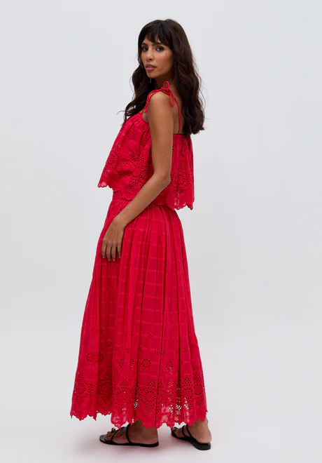 Red Spaghetti Strap Embroidered Skirt