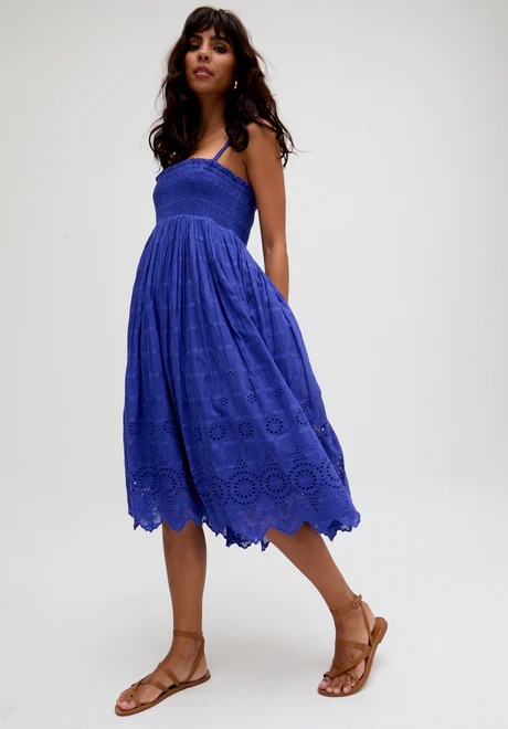 Blue Embroidered Midi Dress with Detachable Straps This embroidered midi dress is incredibly versatile—it features detachable straps so you can wear it as a dress or a skirt!