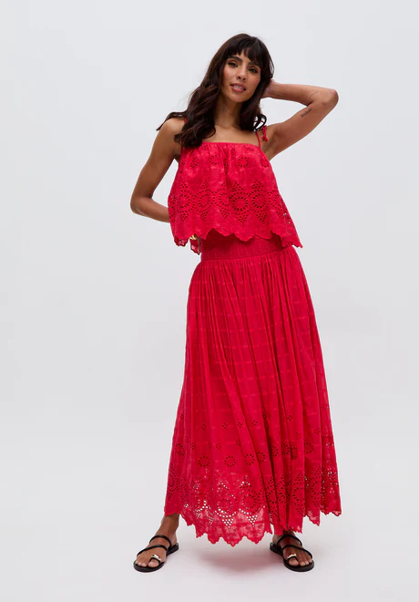 Red Spaghetti Strap Embroidered Skirt