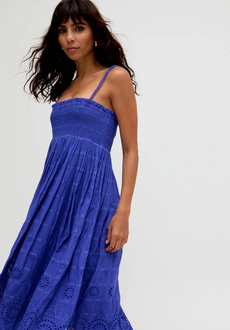 Blue Embroidered Midi Dress with Detachable Straps This embroidered midi dress is incredibly versatile—it features detachable straps so you can wear it as a dress or a skirt!