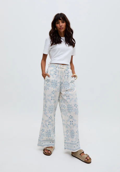 White wide-leg embroidered trousers