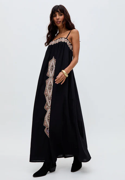 Black maxi dress with sapphire spaghetti straps and embroidery