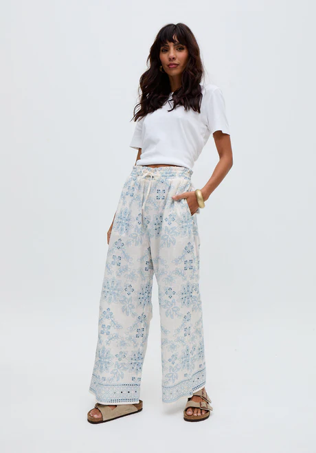 White wide-leg embroidered trousers