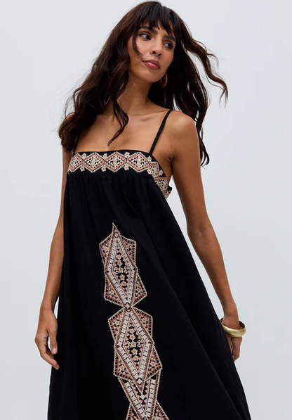 Black maxi dress with sapphire spaghetti straps and embroidery