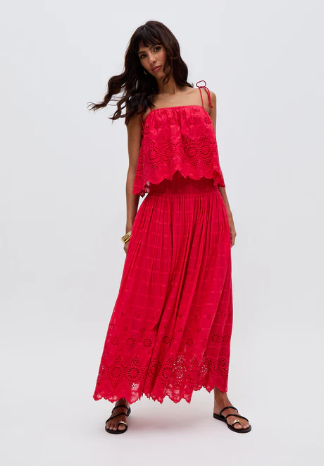 Red Spaghetti Strap Embroidered Skirt