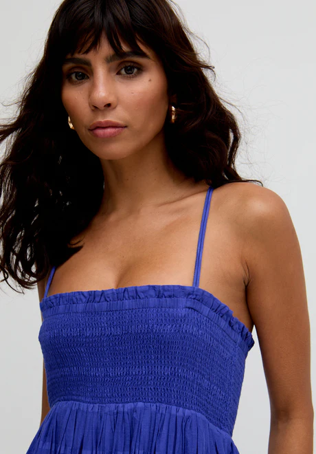 Blue Embroidered Midi Dress with Detachable Straps This embroidered midi dress is incredibly versatile—it features detachable straps so you can wear it as a dress or a skirt!