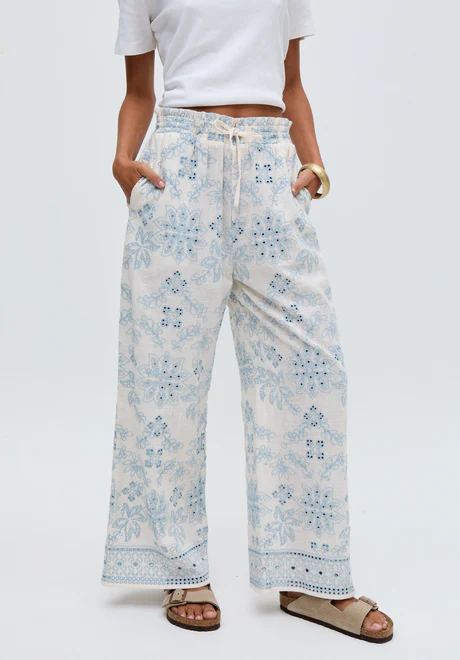 White wide-leg embroidered trousers