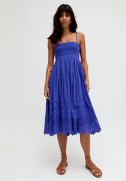 Blue Embroidered Midi Dress with Detachable Straps This embroidered midi dress is incredibly versatile—it features detachable straps so you can wear it as a dress or a skirt!