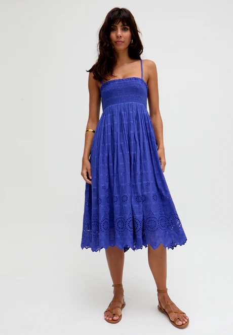 Blue Embroidered Midi Dress with Detachable Straps This embroidered midi dress is incredibly versatile—it features detachable straps so you can wear it as a dress or a skirt!