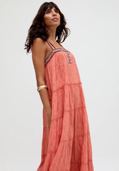 Orange multi-layered embroidered maxi skirt