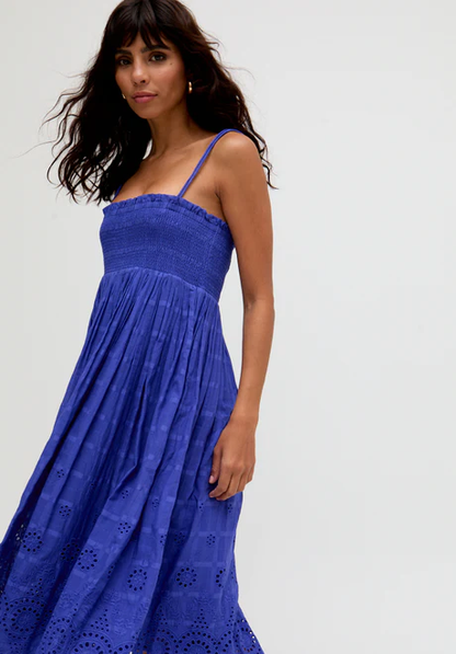 Blue Embroidered Midi Dress with Detachable Straps This embroidered midi dress is incredibly versatile—it features detachable straps so you can wear it as a dress or a skirt!